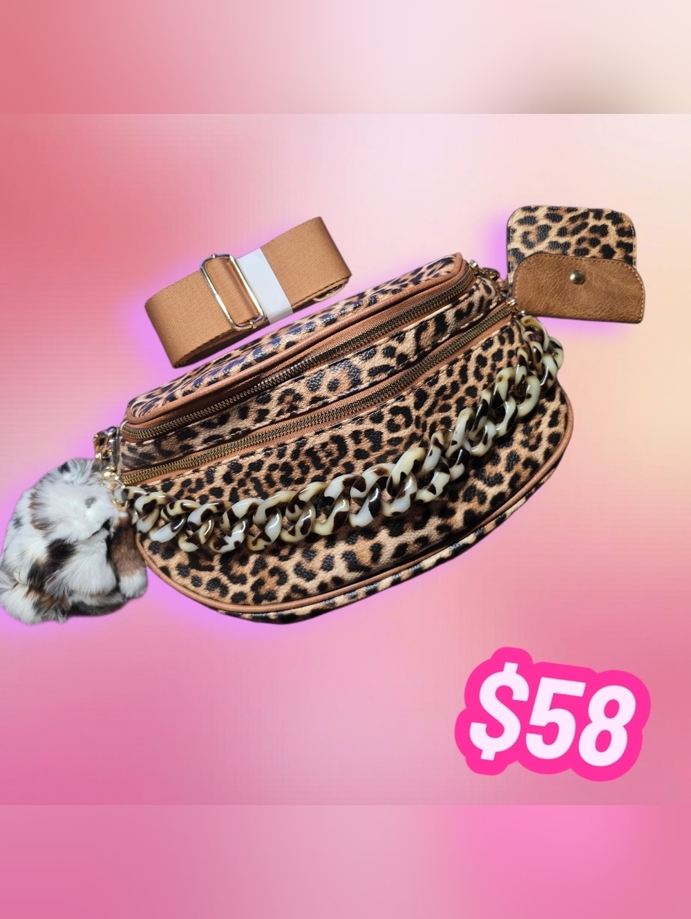 Bum Bag Bundle Deal | Leopard Vegan Leather Crossbody + Acrylic Chain & Bunny